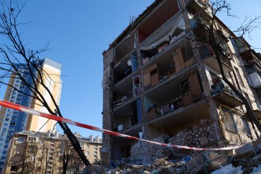 KYIV, UKRAINE, MARCH 20, 2022: After bombing. Russian terrorist army dropped missile and destroyed house in residential district in Kyiv city on March 18, 2022. Terror and genocide of Ukrainian people