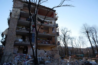 KYIV, UKRAINE, MARCH 20, 2022: After bombing. Russian terrorist army dropped missile and destroyed house in residential district in Kyiv city on March 18, 2022. Terror and genocide of Ukrainian people