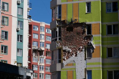 IRPIN, UKRAINE, JUNE 6, 2022: Russian terrorist army damaged dwelling houses and killed people in Irpin town, Kyiv Oblast on March 2022. After bombing.Terror and genocide of Ukrainian people