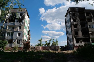 BORODYANKA, UKRAINE, JUNE 8, 2022: After bombing. Russian army of terrorist and marauders dropped bombs and destroyed houses, killed civilians on February 2022. Terror and genocide of Ukrainian people