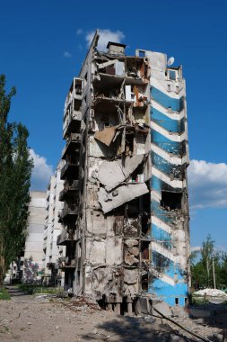 BORODYANKA, UKRAINE, JUNE 8, 2022: After bombing. Russian army of terrorist and marauders dropped bombs and destroyed houses, killed civilians on February 2022. Terror and genocide of Ukrainian people