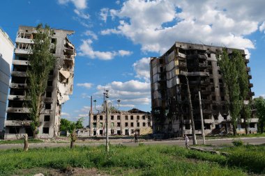BORODYANKA, UKRAINE, JUNE 8, 2022: After bombing. Russian army of terrorist and marauders dropped bombs and destroyed houses, killed civilians on February 2022. Terror and genocide of Ukrainian people