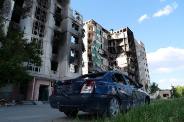 BORODYANKA, UKRAINE, JUNE 8, 2022: After bombing. Russian army of terrorist and marauders dropped bombs and destroyed houses, killed civilians on February 2022. Terror and genocide of Ukrainian people
