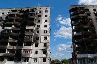 BORODYANKA, UKRAINE, JUNE 8, 2022: After bombing. Russian army of terrorist and marauders dropped bombs and destroyed houses, killed civilians on February 2022. Terror and genocide of Ukrainian people