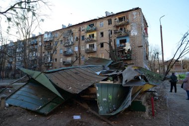 UKRAINE, KYIV, MARCH 20, 2022: Russian missile destroyed houses and garages in residential area in Kyiv city on March 18, 2022. After bombing, war in Ukraine, terror and genocide of Ukrainian people