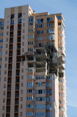 KYIV, UKRAINE, MAY 11, 2022: Russian missile damaged multi-storey dwelling building in Kiev city on February 26, 2022. Russian aggression. War in Ukraine. Terror and genocide of Ukrainian people
