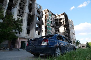 BORODYANKA, UKRAINE, JUNE 8, 2022: After bombing. Russian army of terrorist and marauders dropped bombs and destroyed houses, killed civilians on February 2022. Terror and genocide of Ukrainian people
