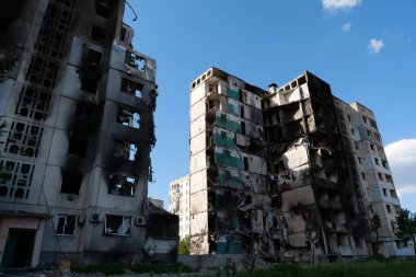 BORODYANKA, UKRAINE, JUNE 8, 2022: After bombing. Russian army of terrorist and marauders dropped bombs and destroyed houses, killed civilians on February 2022. Terror and genocide of Ukrainian people