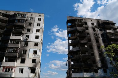 BORODYANKA, UKRAINE, JUNE 8, 2022: After bombing. Russian army of terrorist and marauders dropped bombs and destroyed houses, killed civilians on February 2022. Terror and genocide of Ukrainian people