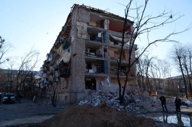 KYIV, UKRAINE, MARCH 20, 2022: After bombing. Russian terrorist army dropped missile and destroyed house in residential district in Kyiv city on March 18, 2022. Terror and genocide of Ukrainian people