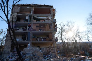 KYIV, UKRAINE, MARCH 20, 2022: After bombing. Russian terrorist army dropped missile and destroyed house in residential district in Kyiv city on March 18, 2022. Terror and genocide of Ukrainian people