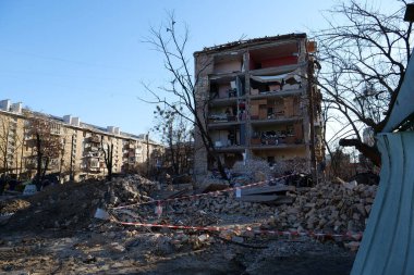 KYIV, UKRAINE, MARCH 20, 2022: After bombing. Russian terrorist army dropped missile and destroyed house in residential district in Kyiv city on March 18, 2022. Terror and genocide of Ukrainian people