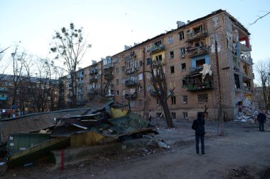 KYIV, UKRAINE, MARCH 20, 2022: After bombing. Russian terrorist army dropped missile and destroyed house in residential district in Kyiv city on March 18, 2022. Terror and genocide of Ukrainian people