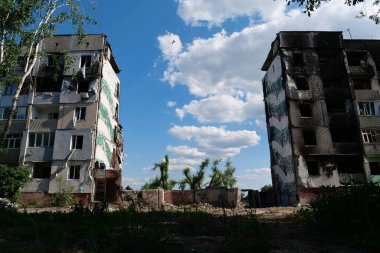 BORODYANKA, UKRAINE, JUNE 8, 2022: After bombing. Russian army of terrorist and marauders dropped bombs and destroyed houses, killed civilians on February 2022. Terror and genocide of Ukrainian people