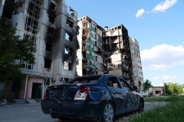 BORODYANKA, UKRAINE, JUNE 8, 2022: After bombing. Russian army of terrorist and marauders dropped bombs and destroyed houses, killed civilians on February 2022. Terror and genocide of Ukrainian people