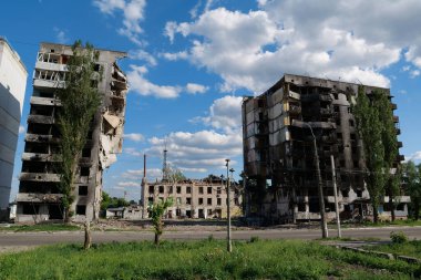 BORODYANKA, UKRAINE, JUNE 8, 2022: After bombing. Russian army of terrorist and marauders dropped bombs and destroyed houses, killed civilians on February 2022. Terror and genocide of Ukrainian people