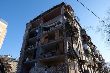 KYIV, UKRAINE, MARCH 20, 2022: After bombing. Russian terrorist army dropped missile and destroyed house in residential district in Kyiv city on March 18, 2022. Terror and genocide of Ukrainian people