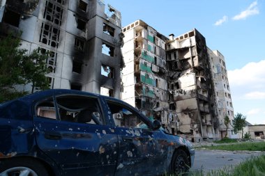 BORODYANKA, UKRAINE, JUNE 8, 2022: After bombing. Russian army of terrorist and marauders dropped bombs and destroyed houses, killed civilians on February 2022. Terror and genocide of Ukrainian people