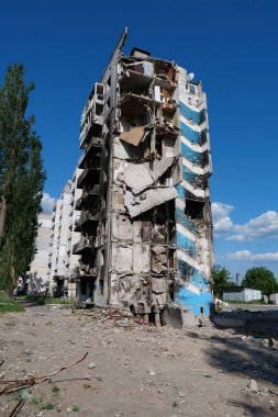 BORODYANKA, UKRAINE, JUNE 8, 2022: After bombing. Russian army of terrorist and marauders dropped bombs and destroyed houses, killed civilians on February 2022. Terror and genocide of Ukrainian people