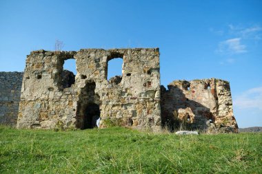 Stone ruins in Pniv Castle - medieval historical object in Ivano-Frankivsk region of western Ukraine