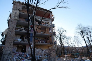 KYIV, UKRAINE, MARCH 20, 2022: After bombing. Russian terrorist army dropped missile and destroyed house in residential district in Kyiv city on March 18, 2022. Terror and genocide of Ukrainian people