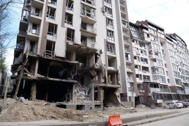 KYIV, UKRAINE, APRIL 29, 2022: After bombing. Dwelling house destroyed by russian missile in Kyiv city on end of April 2022. Russian aggression. War in Ukraine. Terror and genocide of Ukrainian people