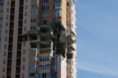 KYIV, UKRAINE, MAY 11, 2022: After bombing. War in Ukraine. Terror and genocide of Ukrainian people. Russian terrorists damaged by missile dwelling house in Kyiv on end of February 2022