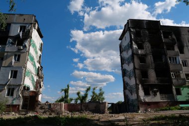 BORODYANKA, UKRAINE, JUNE 8, 2022: After bombing. Russian army of terrorist and marauders dropped bombs and destroyed houses, killed civilians on February 2022. Terror and genocide of Ukrainian people