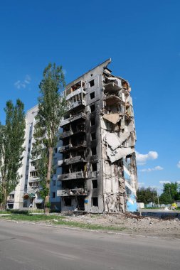 BORODYANKA, UKRAINE, JUNE 8, 2022: After bombing. Russian army of terrorist and marauders dropped bombs and destroyed houses, killed civilians on February 2022. Terror and genocide of Ukrainian people