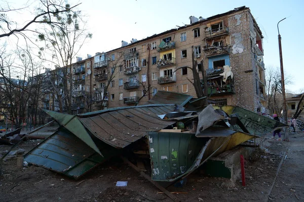 UKRAINE, KYIV, MARCH 20, 2022: Russian missile destroyed houses and garages in residential area in Kyiv city on March 18, 2022. After bombing, war in Ukraine, terror and genocide of Ukrainian people