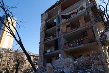 KYIV, UKRAINE, MARCH 20, 2022: After bombing. Russian terrorist army dropped missile and destroyed house in residential district in Kyiv city on March 18, 2022. Terror and genocide of Ukrainian people