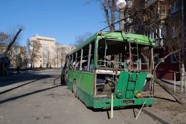 KYIV, UKRAINE, MARCH 20, 2022: After bombing. War in Ukraine. Russian missile destroyed trolleybus in Kyiv city on March 14, 2022. Terror and genocide of Ukrainian people