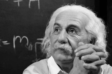 BUKOVEL, UKRAINE, OCTOBER 5, 2022: Wax figure of world-famous scientist, theoretical physicist, Nobel laureate, creator of theory of relativity Albert Einstein