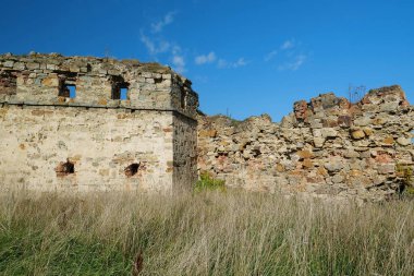 Stone tower in Pniv Castle - medieval historical object in Ivano-Frankivsk region of western Ukraine