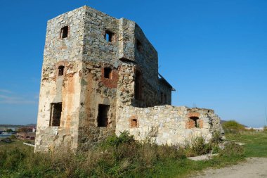 Stone tower in Pniv Castle - medieval historical object in Ivano-Frankivsk region of western Ukraine
