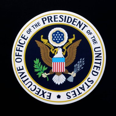 WASHINGTON, USA, OCTOBER 1, 2022: Logo on podium speaker tribune in Executive office of the President of the United States in White House 