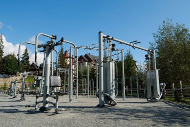 Sports ground for physical exercise on open air. Sports ground with exercise equipment in open air sport zone