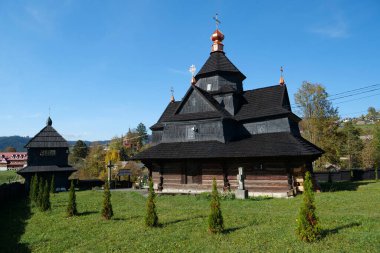 Church of Nativity of Blessed Virgin Mary of 17-18 centuries in Vorokhta, western Ukraine, Carpathians. Church belongs to Hutsul school of traditional temple building, was build without nails