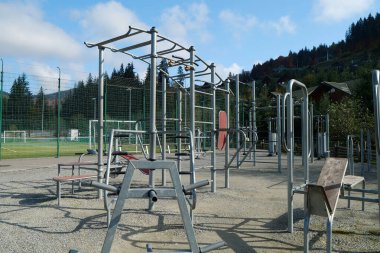Sports ground for physical exercise on open air. Sports ground with exercise equipment in open air sport zone