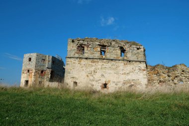 Stone tower in Pniv Castle - medieval historical object in Ivano-Frankivsk region of western Ukraine
