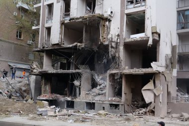KYIV, UKRAINE, APRIL 29, 2022: After bombing. Dwelling house destroyed by russian missile in Kyiv city on end of April 2022. Russian aggression. War in Ukraine. Terror and genocide of Ukrainian people