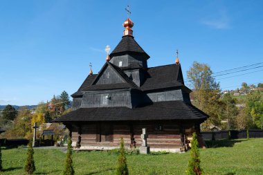 Church of Nativity of Blessed Virgin Mary of 17-18 centuries in Vorokhta, western Ukraine, Carpathians. Church belongs to Hutsul school of traditional temple building, was build without nails