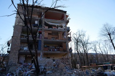 KYIV, UKRAINE, MARCH 20, 2022: After bombing. Russian terrorist army dropped missile and destroyed house in residential district in Kyiv city on March 18, 2022. Terror and genocide of Ukrainian people