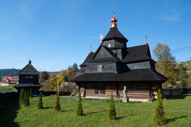 Church of Nativity of Blessed Virgin Mary of 17-18 centuries in Vorokhta, western Ukraine, Carpathians. Church belongs to Hutsul school of traditional temple building, was build without nails
