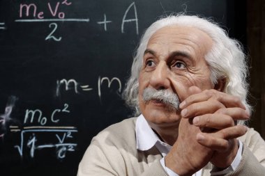 BUKOVEL, UKRAINE, OCTOBER 5, 2022: Wax figure of world-famous scientist, theoretical physicist, Nobel laureate, creator of theory of relativity Albert Einstein