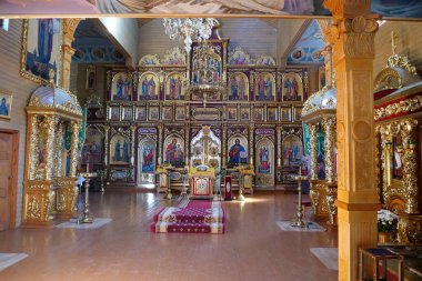 Manyava Skete of Exaltation of Holy Cross in the forest in Carpathian mountains, Ukraine. Orthodox solitary cell mens monastery, skete. Near skete in wood there is Blessed Stone, object of worship