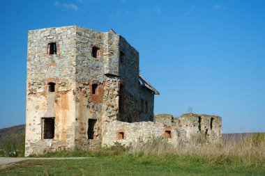 Stone tower in Pniv Castle - medieval historical object in Ivano-Frankivsk region of western Ukraine