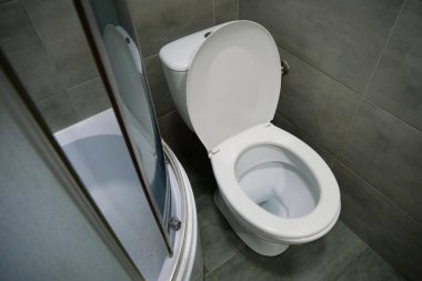 Toilet room interior with white toilet bowl, shower cabin and grey wall tiles