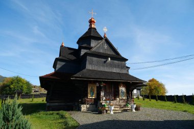 Church of Nativity of Blessed Virgin Mary of 17-18 centuries in Vorokhta, western Ukraine, Carpathians. Church belongs to Hutsul school of traditional temple building, was build without nails