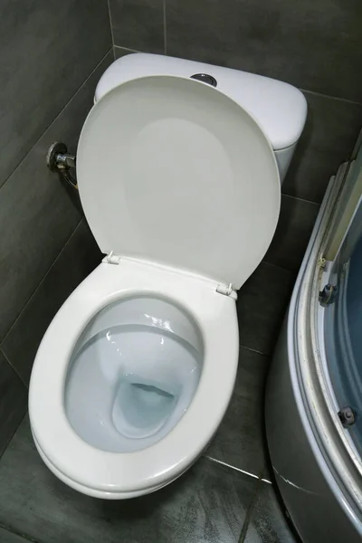 Wnętrze Toalety Białą Muszlą Klozetową Kabiną Prysznicową Szarymi Płytkami Ściennymi — Zdjęcie stockowe